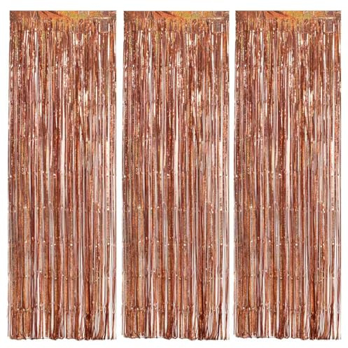 3Pcs Laser Rose Gold Door Streamers,Laser Rose Gold Photo Booth Backdrop Metallic Streamers Foil Fringe Curtains for Birthday,Christmas,New Year,Bachelorette Party Decor(9.9ft x 6.6ft)