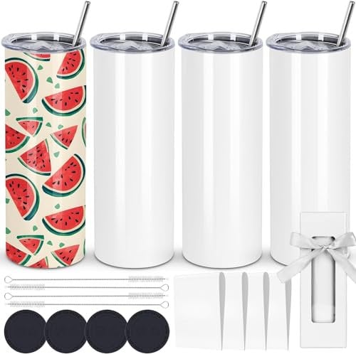 LATERN 4 Pièces Gobelets Droits à Sublimation, 600ml Acier Inoxydable Tasses Isolées à Double Paroi Canettes de Sublimation Blanches Vierges avec Couvercle, Paille, Boîte, Chaleur Transfert Revêtement