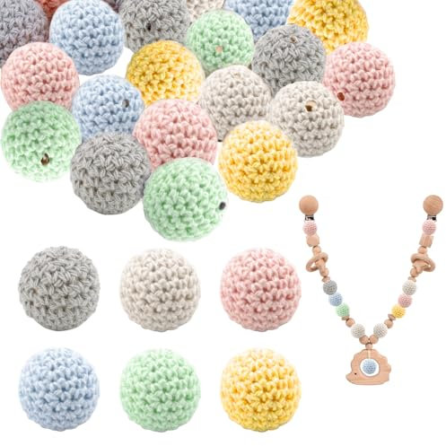 30 Stück Gehäkelt Holzperlen 16mm, Gehäkelt Holzperlen zum Auffädeln, Handgefertigt Holzkugeln Häkelperle, Wooden Beads Bastelset mit 6 Farben, Perlen mit Loch Ketten Selber Machen Set (Style3)