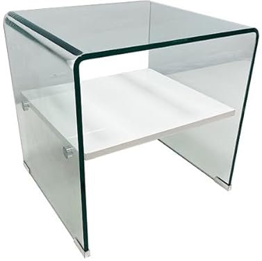 MAESTRO FERRETERO MF- Mesa Auxiliar Modelo Corin Baja, Fabricada en Cristal Curvado y Templado de 12 mm, Estante Blanco, 50x45 cm - Diseño Modero y Funcional