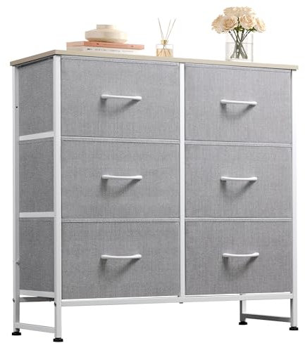 WLIVE Kommode mit 6 Schubladen aus Stoff, Kommodenschrank für Schlafzimmer, Kommode Wohnzimmer, mit Stabiler Stahlrahmen, Holzplatte, Hellgrau