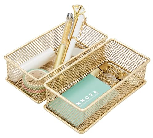 Annova Netz-Schubladenschrank und Regal, Organizer, Aufbewahrungskorb, für Schule, Büro, Zubehör, 2 Stück (Gold, 15x7.5x5cm)