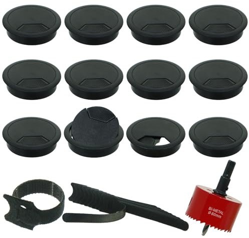 12Pcs Black Desk Grommet Set, 50mm Table Cable Grommet with Hole Saw, Round Cord Cable Hole Cover Wire Organizer, Table Surface Port Hole Covers with Cable Straps, Cable Grommet Tidies for Home Office