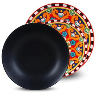Servicio de platos de 18 piezas de porcelana negra y estampados multicolor – Platos resistentes a los arañazos y lavables en lavavajillas – Juego ideal para cenas y ocasiones elegantes y especiales –