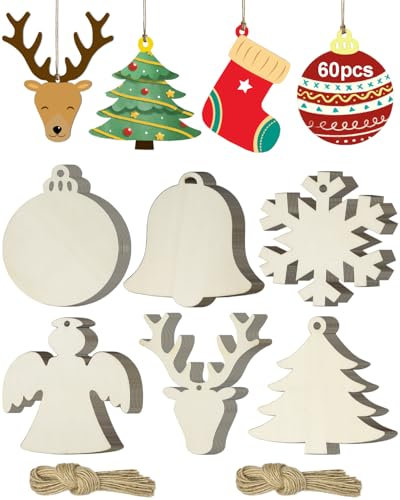 60PCS Christmas Wooden Ornaments, Hanging Christmas Tree Decorations, 6 Shapes Xmas Crafts Unfinished Wood Slices Decorations