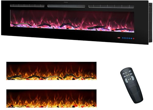 RODALFLAME 60/152.4cm Electric Fireplace Inserts, Recessed & Wall Mounted Fireplace Heater with 13 Flame & Fuel Bed for Indoor Use, Remote Control, Log &Crystal, Timer