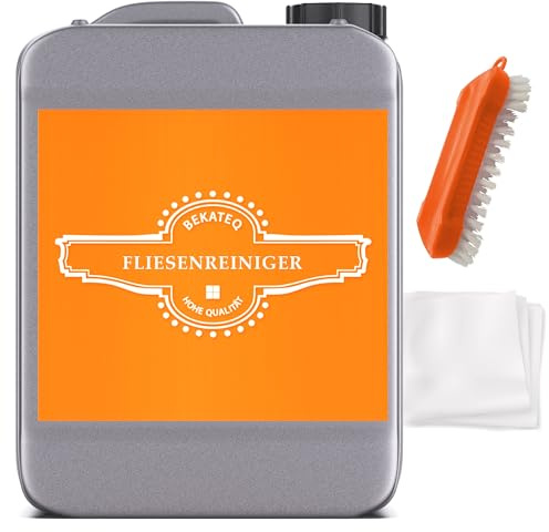 Fliesenreiniger Konzentrat 5l + Bürste + Fasertuch - Steinreiniger innen & aussen Betonreiniger, Bauendreinigung, Fugenreiniger, Reiniger für Wand & Bodenfliesen - löst Öl, Fett, Kalk BEKATEQ BE-714