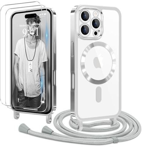 Ethanger Handyband für iPhone 16 Pro Max Hülle mit Band + 2 Stück Glas Schutzfolie Transparent Silikon Handyhülle Magnetische Schutzhülle Case zum Umhängen Kordel für iPhone 16 Pro Max Silber