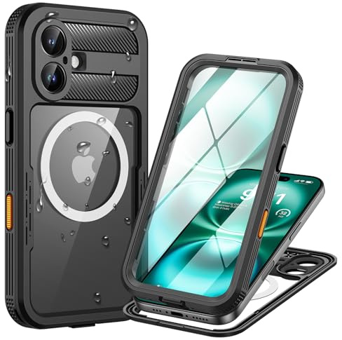 Lanhiem für iPhone 16 Plus Hülle IP68 Wasserdicht 360 Grad Outdoor Stoßfest | Schwarz,Wasserfest Schutzhülle,Waterproof,Handyhülle mit Displayschutz,Komplett Panzerhülle,Kompatibel mit Magsafe,Baustelle