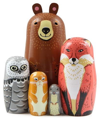 Lot de 5 poupées gigognes en Bois à thème Animal Mignon, Ours Renard Hibou Lapin Souris Jolie poupée Russe matriochka Jouet empilable pour Enfant Noël fête d'anniversaire décoration de la Maison