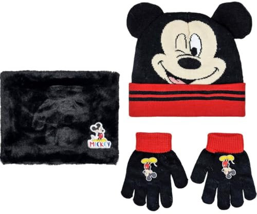 ILS I LOVE SHOPPING Lot de 3 pièces avec chapeau d'hiver, cache-cou écharpe et gants pour enfant – Taille unique – Doux et chaud pour MICKEY MOUSE, Pour Mickey Mouse, taille unique