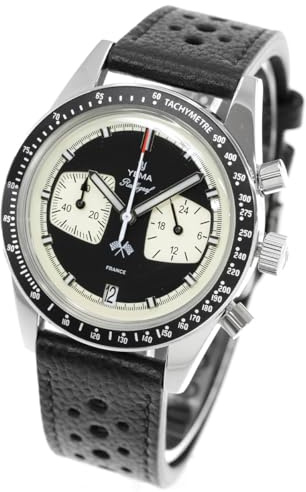 YEMA Rallygraf Panda Stahl Hybrid Mechanisch Quarz Leder Schwarz Herrenuhr, Schwarz