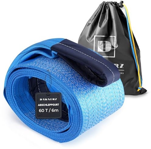 Dawnerz Schwerlast-Abschleppseil 60 Tonnen Bruchfestigkeit, 6m - Notfall-Abschleppgurt mit Dreifach Verstärkten Schlaufen - Hochleistungs-Offroad-Schleppseil für LKW und Sattelschlepper