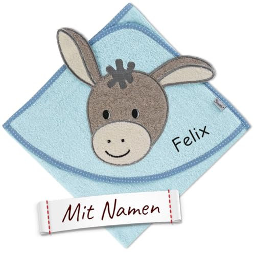 Sterntaler Kapuzenhandtuch mit Namen Bestickt für Baby & Kinder, Junge Badetuch Badehandtuch/Kinder-Badetuch mit Kapuze personalisiert, Motiv Esel Emmi in Blau, 80x80 cm