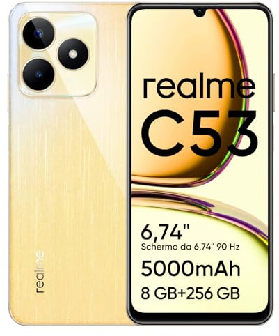 realme Smartphone C53, 8GB RAM 256GB ROM, Dual SIM, Fotocamera AI da 50MP, Batteria massiccia da 5000mAh, 90Hz Display LCD da 6.74, Octa-core, Wi-Fi, GPS, Bluetooth, Campione d'oro (senza adattatore)