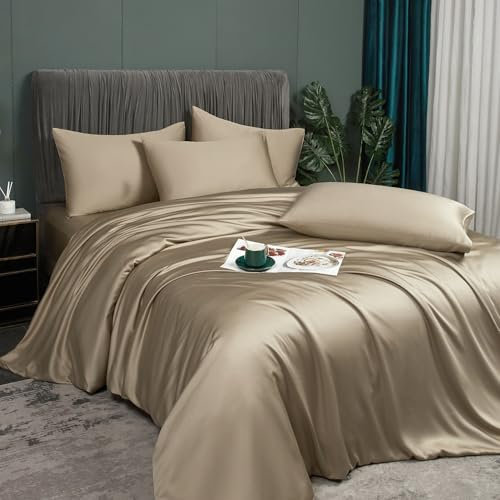 Luofanfei Kühlende Sommer Bettwäsche 200x220 Gold Khaki Bambus Polyester Glänzend Glatt Uni Bettwäsche Set Luxus Einfarbig Muster Bettbezug Set und Kissenbezüge 80x80 mit Reissverschluss