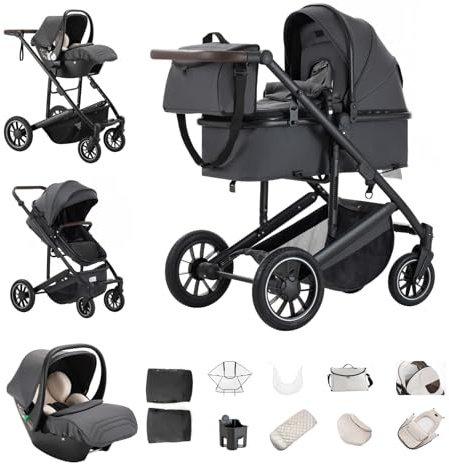 Kakbgee Kinderwagen 3 in 1, Buggy mit Autositz, höhenverstellbarer Griff | Kombi-Kinderwagen mit 4-Rad-Federung, Handschuhe, Regenschutz, All-Terrain Stroller für Neugeborene bis 4 Jahre, 22KG