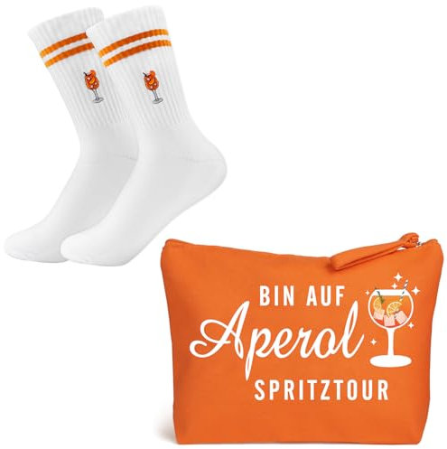 Aperol Geschenk, Aperol Spritz Geschenkset, Aperol Kosmetiktasche Kulturtasche Make Up Tasche Reise Schminktasche, Aperol Socken 36-42 für Damen Herren Lustige Tennissocken Sportsocken Crew Socks