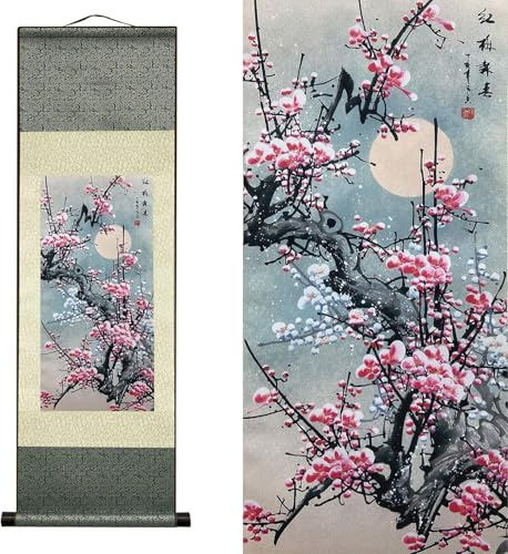 AtfArt Silk Scroll Painting, Asian Wall Decor, Red Plum, 36.2x12in | Plum Blossom, Symbol of Resilience, Chinese Art Scroll for Living Room, Bedroom, Office Decor