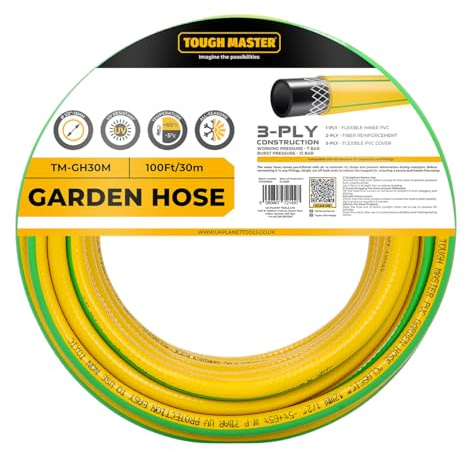 TOUGH MASTER Garden Hose 30m 100ft 3-Layer Reinforced Hosepipe 1/2 inch, 21 Bar Burst Pressure UV Resistant Algae Resistant Hose for Garden (30M Hose)