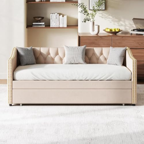Ausziehbares Tagesbett mit Holzlattenrost, Polsterbett Ausziehbares Schlafsofa 90/180x200cm, Einzelbett/Doppelbett mit Lattenrosten,Multifunktionsbett,Schlafsofa für Erwachsene 2 Personen (Hellrosa)