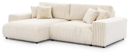 S-Style Möbel Ecksofa Eckcouch - Sofa mit Schlaffunktion - Schlafsofa - 4 Sitzer L Form Links - Schwarze Füße - Plüschcord - Freistehend - Mollis Hellbeige