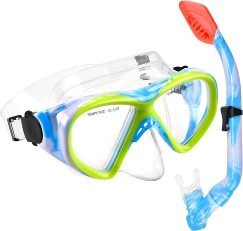Kids Snorkel Set, Anti-Fog Kids Snorkel Mask 180 Degree Panoramic View HD Diving Mask Tempered Glass Swimming Diving Mask and Snorkel Set for Youth Boys Girls Junior