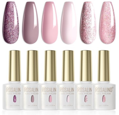 ROSALIND Gel Nail Polish Set 6 Colors Purple Glitter Pink Gel Nail Polish | Soak Off UV LED Gel Polish Nail Art Long Lasting & Easy to Apply, Salon & Home Use 6ml