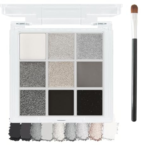 Palette Ombretti 9 Colori Smoky Eyeshadow con Pennello, Ombretto Nero Bianco Grigio Argento Glitter e Opaco, Palette Occhi Professionale Alta Pigmentazione per Trucco Goth, Halloween e SFX