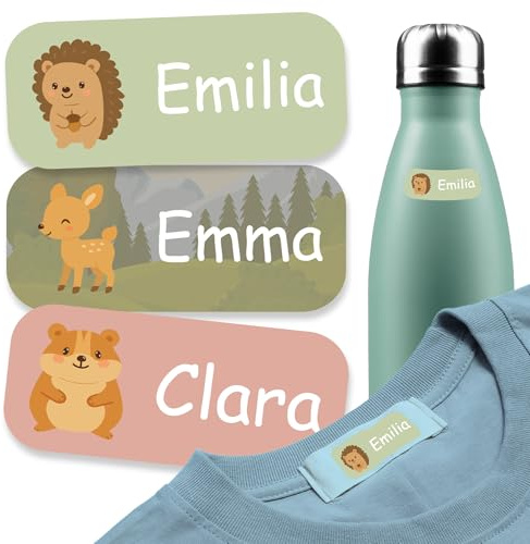 Personalisierte Namensaufkleber Schule 60 Stück – Waldtiere Motive | Namensaufkleber Kinder – Ablösbare, wasserfeste Sticker, selbstklebende Etiketten für Schulmaterial, Flaschen & Brotdosen