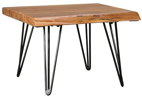 Wohnling Design Couchtisch Sheesham Massivholz Tisch Baumkante 56 x 38 x 51 cm, Sheesham Holztisch mit Metallbeinen, Wohnzimmertisch im rustikalen Landhausstil