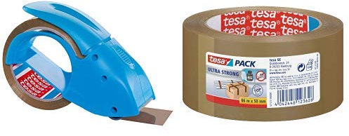 Tesa Packband Handabroller Pack ‘n‘ Go, Blau, inkl. 1 Rolle tesapack PP in braun, 50m:50mm & tesa Ultra Strong Packband (aus PVC mit besonders starker Klebekraft, 66 m x 50 mm) braun