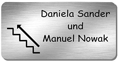 Edelstahl Türschild Namensschild Hinweisschild mit Treppe, Pfeil und individueller Laser-Gravur in vielen Schriftarten, Größe ca. 100 mm x 50 mm * Modell Sander