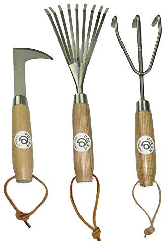 Polar Edelstahl-Kleingeräte-Set Fugenkratzer Fächerbesen Harke Gartengeräte