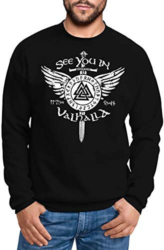 Neverless® Men's Sweatshirt See You in Valhalla Sword Runes Odin Vikings Crew Neck Jumper - Black - X-Large