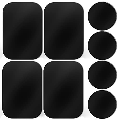 Placa metálica para soporte magnético de coche con adhesivo, paquete de 8 placas metálicas de recambio universales compatibles con soportes magnéticos - Negro (4 rectangulares y 4 redondos)