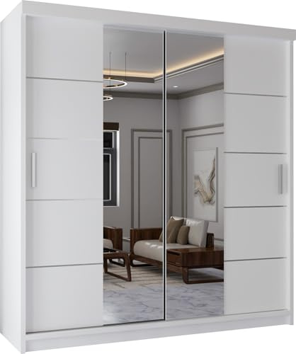 MN Furniture Modern Double Sliding Door Wardrobe 2 Mirrored Hanging Rails & Shelves Storage Cabinet for Bedroom (180cm, Lisbon White)