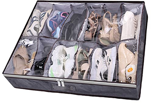 TUAKIMCE Under Bed Shoe Storage Organiser, Underbed Bag with Clear Lid, Foldable Under Bed Shoes Bag Fits 12 Pairs Total - Shoe Storage Ideas