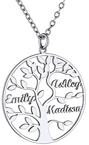 GoldChic Collier Arbre de Vie 3 Prenom des Enfants Personnalisé Chaine Rolo 50 cm Pendentif Femme Maman Généalogique Inoxydable Famille Cadeau Fêtes des Mères d'amitié Fille Soeur Copine