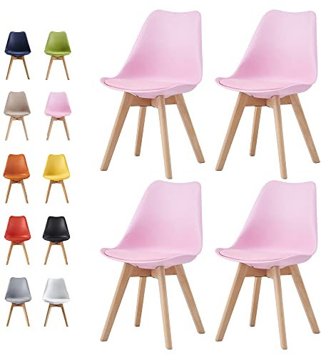 mcc direct Set of 4 Dining Chairs Wooden Legs Soft Cushion Pad Stylish DELUXE Retro Lounge Dining Office EVA (Pink)