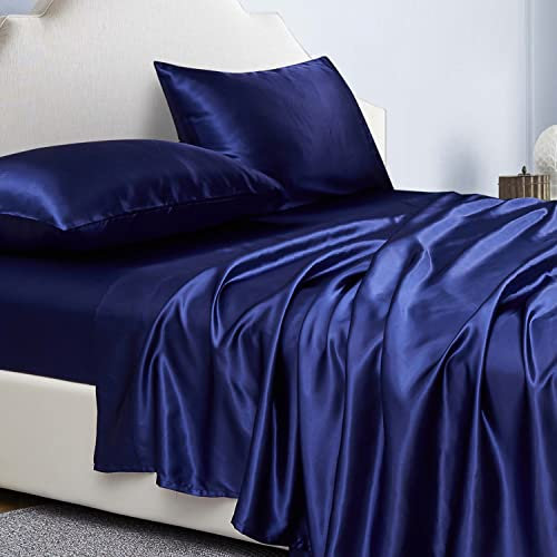 Jemiipee Parure de Lit Satin Couleur Unie Drap Housse - 135x190 cm 2 Personnes avec Grand Bonnet de 36 cm - Ensemble 4 Pièces - Drap Housse, Drap Plat et 2 Taie d'oreiller, Bleu Marin