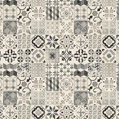Tile Effect Vinyl Flooring 2.4mm Thick Lino for Bathroom Kitchen Hall (Black & White Patterned Tiles, 4.5m x 4m)