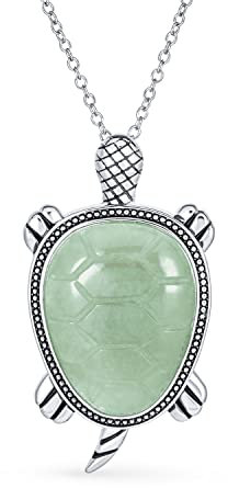 Bling Jewelry Grand Collier Pendentif Tortue de Mer Hawaïenne en Jade Vert Clair Gemme de Vacances Tropicales Nautiques Unisexe pour Femmes Hommes en Argent Sterling .925 Oxydé