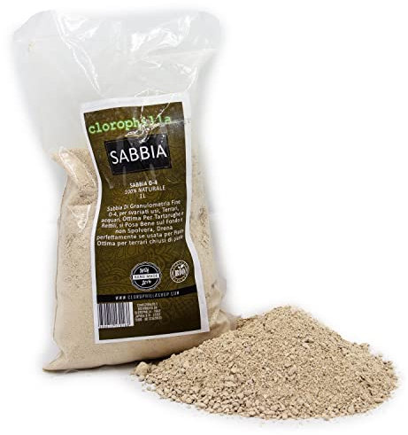 clorophilla. Sabbia fine 0-4 100% Naturale Adatta a terrari, acquari, Tartarughe e rettili, Non spolvera, drena Perfettamente - 1 Litro