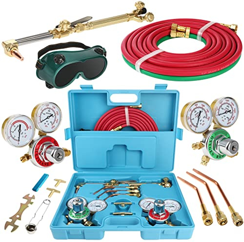 Cutting Welding Torch Kit, Oxygen Acetylene Torch Kit, Oxy Acetylene Torch | Portable Oxy Brazing Kits, Professional Welder Tool Set with Two Hose, Regulator Gauges, Storage, Blue Case