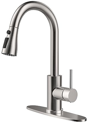 Kitchen Faucet with Pull-Down Spray Single Handle high arc Commercial Stainless Steel Brushed Nickel Kitchen Sink Faucet with Deck Suitable for bar Laundry RV Farmhouse (Brushed Nickel)