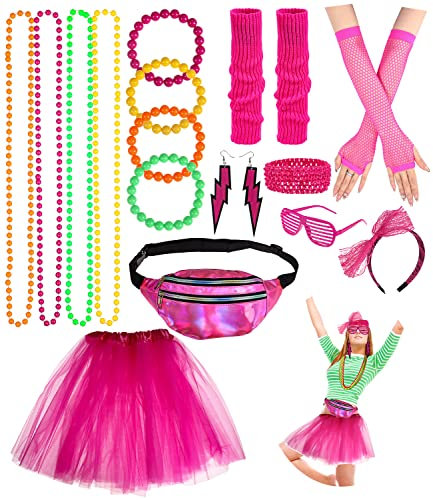 Jissta Deguisement Année 80 Femme Accessoire Fluo,jupe tutu pour adulte, jambières, gants en résille,Sac Banane,Lunette,Bandeau,Disco Costume Vetement Fête Néon Tutu Fluo, 1980 Costume De Fête