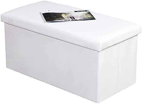 Artistic Fashionista Limited Ottoman Storage Box Faux Leather Folding Footstool Rest Seat Storage Stool Toys Chest Bench Blanket Linen Laundry Box (Large 38x76cm, White)