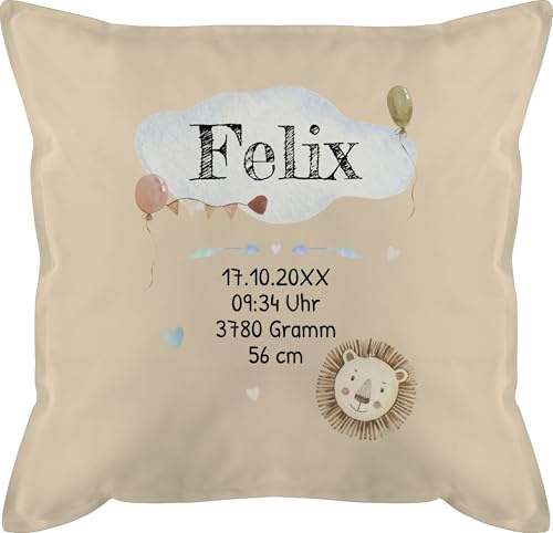 Kissen 50x50 - Geburtsgeschenk Baby Geschenk zur Geburt Junge Löwe - 50 x 50 cm - Beige Natur - Geschenke Neugeborene geburtskissen neugeboren Name kopfkissen personalisiertes babygeschenke