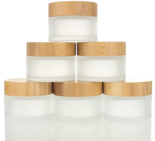 COSIDEA 6 pots vides de 50g/1,7 oz en verre givré rond avec couvercles en bambou, pots de crème en bambou rechargeables pour produits cosmétiques de voyage pour baume à lèvres, onguents, emballage de